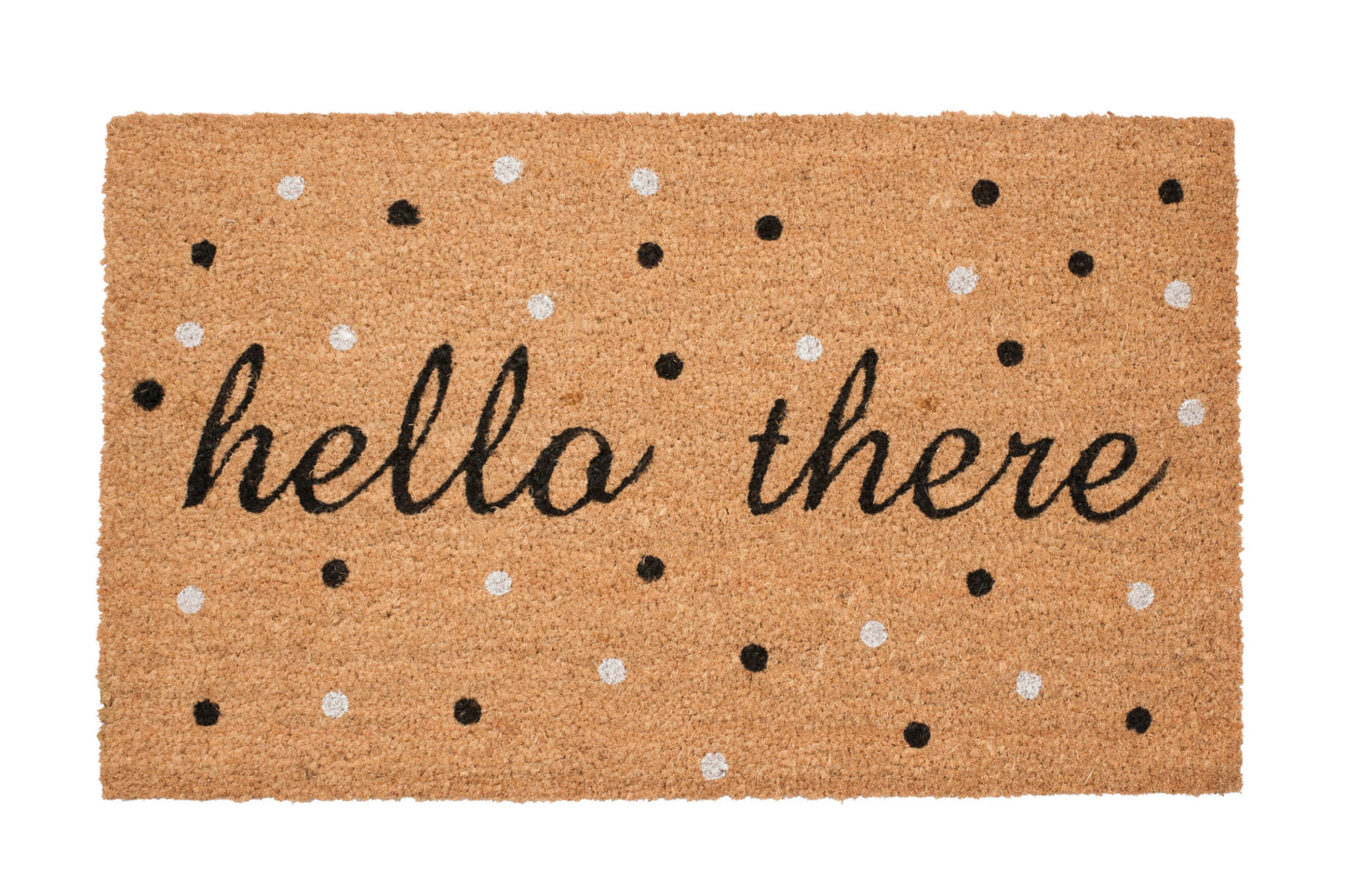 Doormat with 'hello there' text and black and white polka dots pattern
