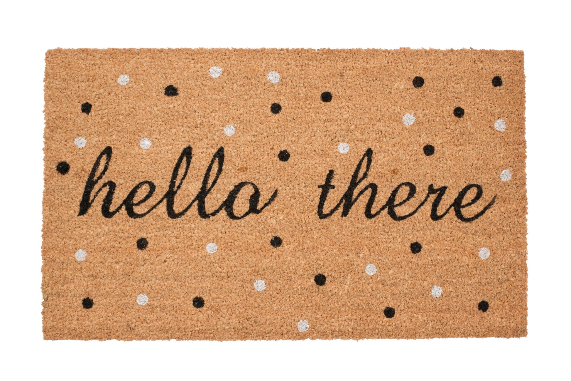 Doormat with 'hello there' text and black and white polka dots pattern