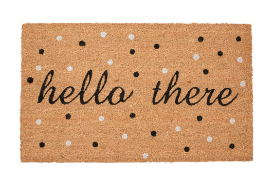 Doormat with 'hello there' text and black and white polka dots pattern