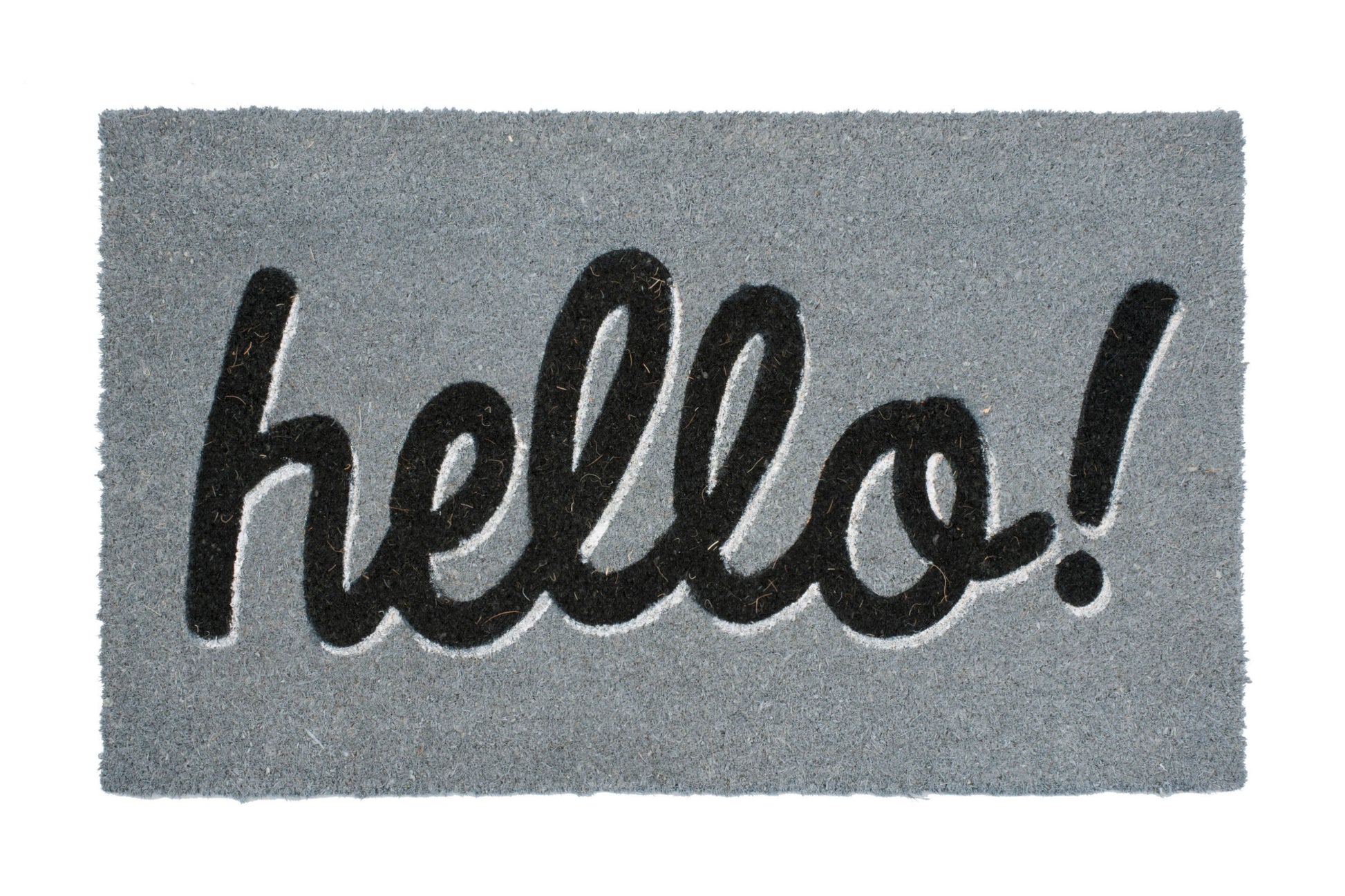 Gray doormat with 'hello!' text on a white background