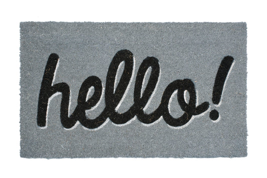 Gray doormat with 'hello!' text on a white background