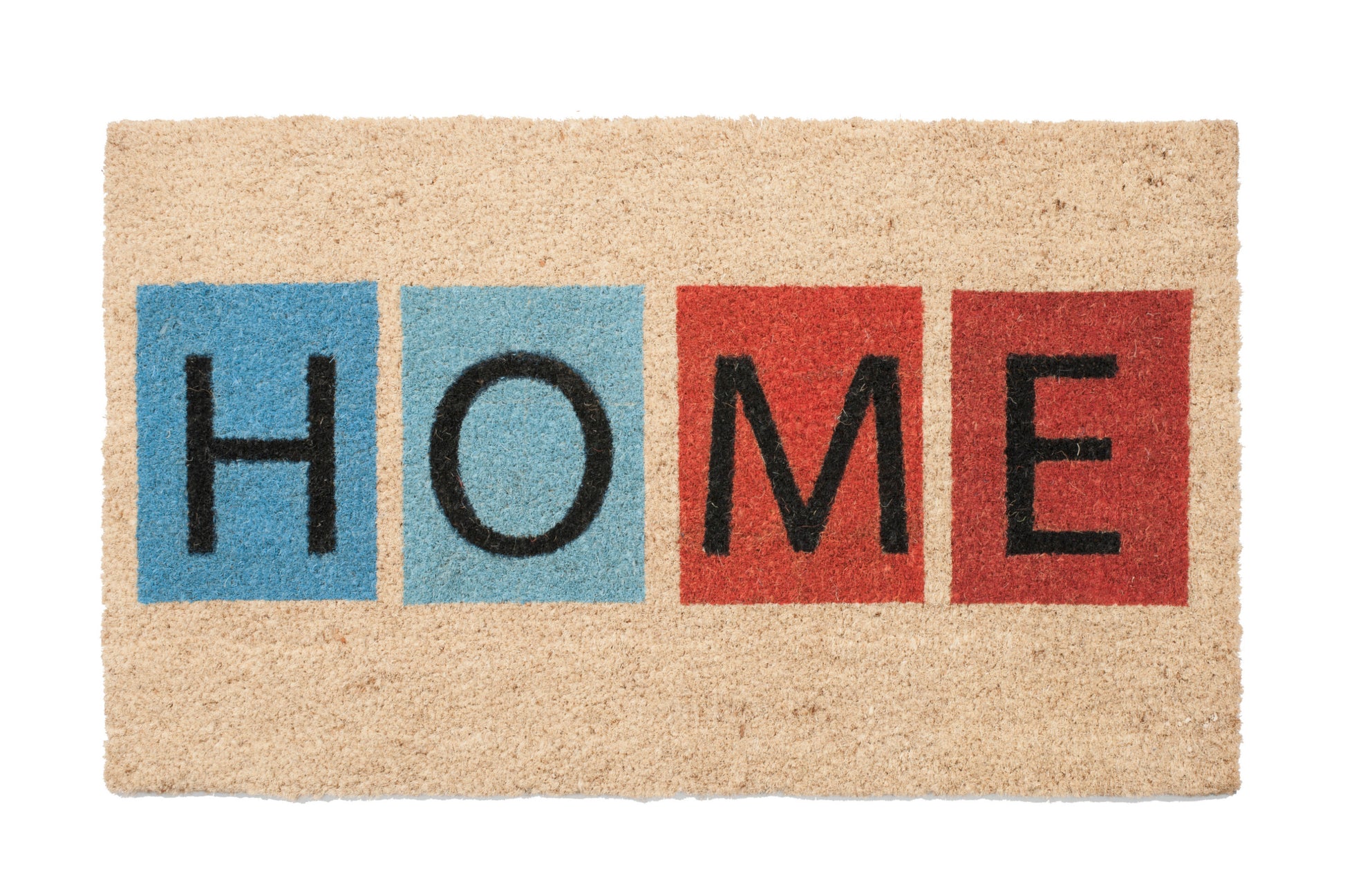 Doormat with 'HOME' text in colorful blocks on a beige background