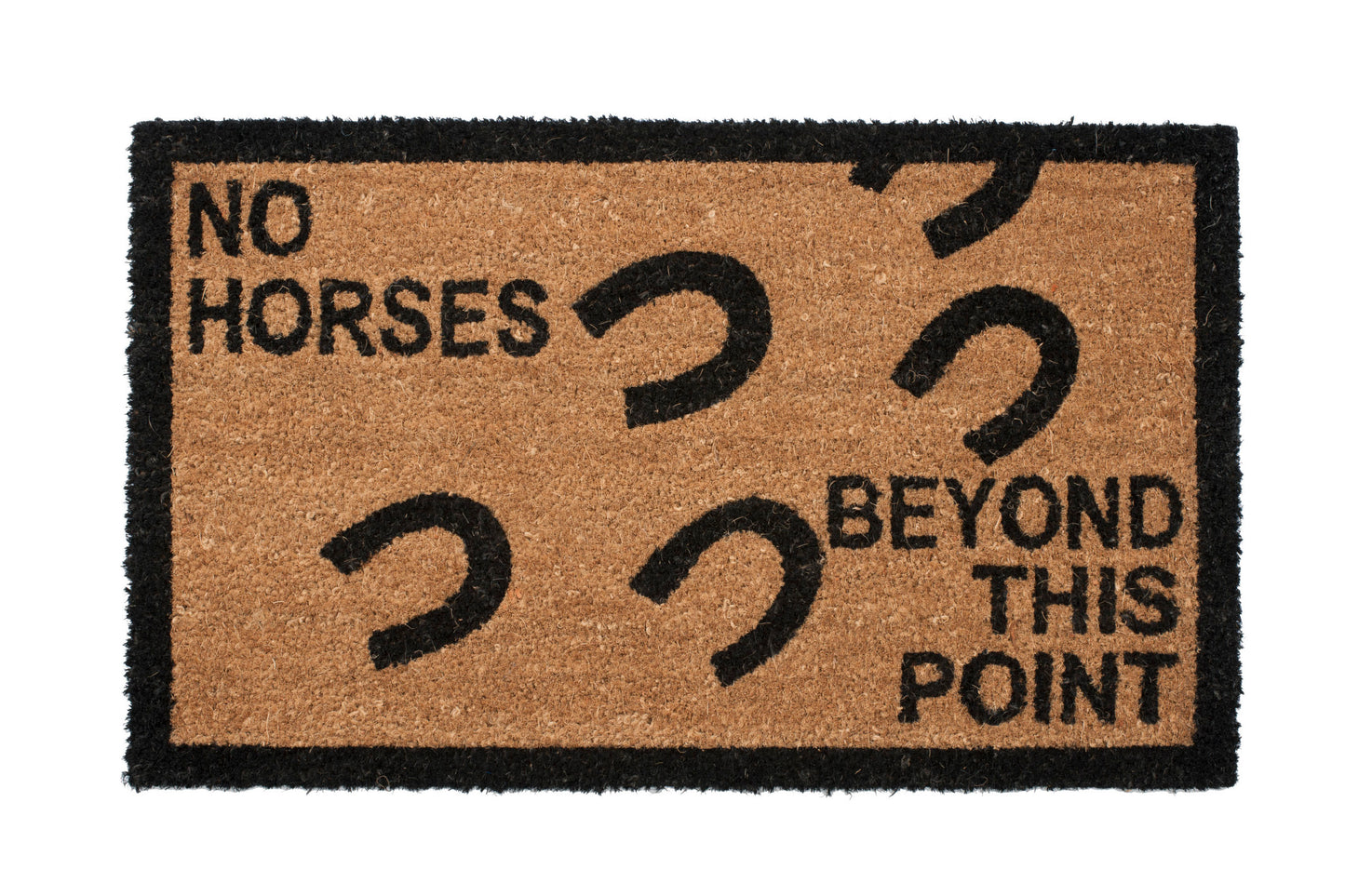 Doormat with 'No Horses Beyond This Point' text and horseshoe symbols on a brown background