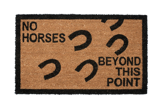 Doormat with 'No Horses Beyond This Point' text and horseshoe symbols on a brown background