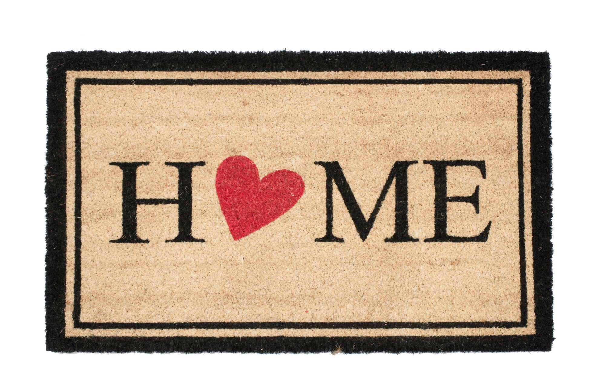 Doormat with 'HOME' text and a red heart as the "o" in home on a white background