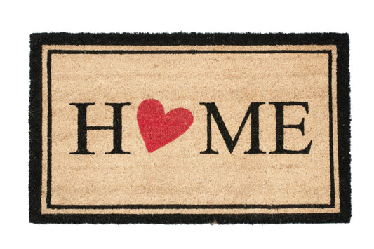 Doormat with 'HOME' text and a red heart as the "o" in home on a white background