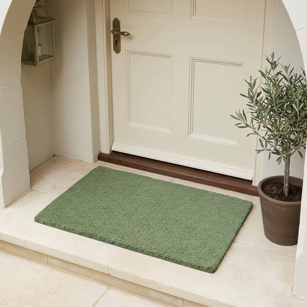 Sage green coir doormat at a covered front doorway