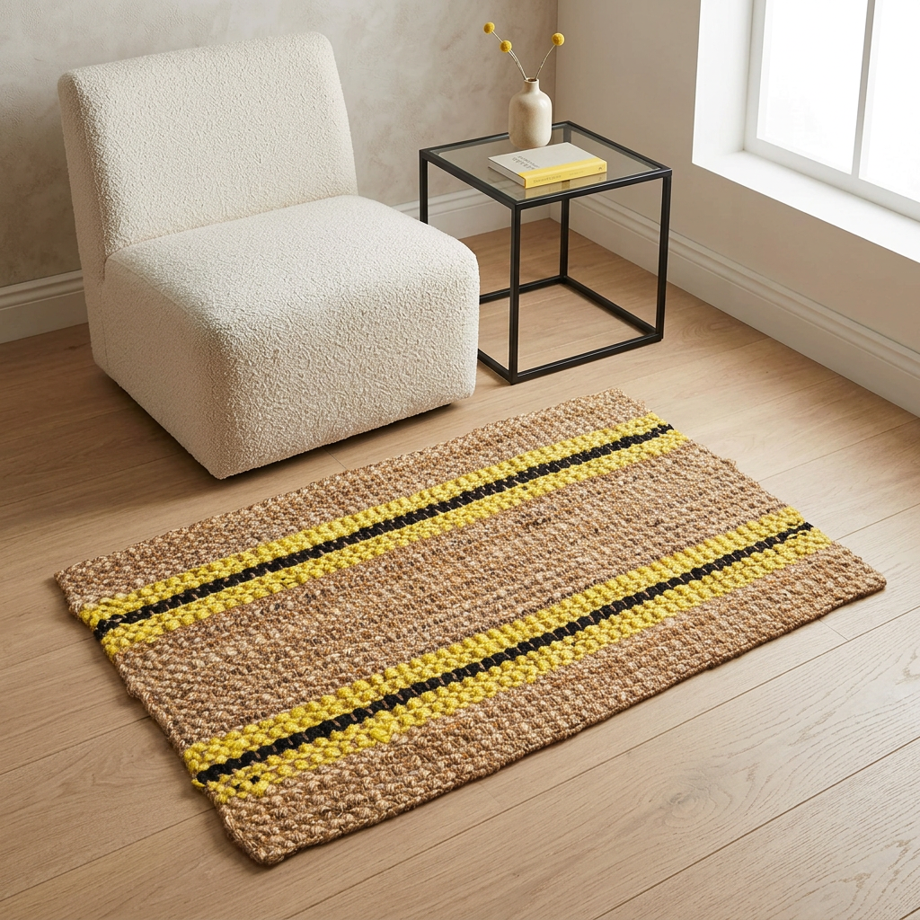 24 x 36 natural jute black and yellow stripe rug beside a reading chair