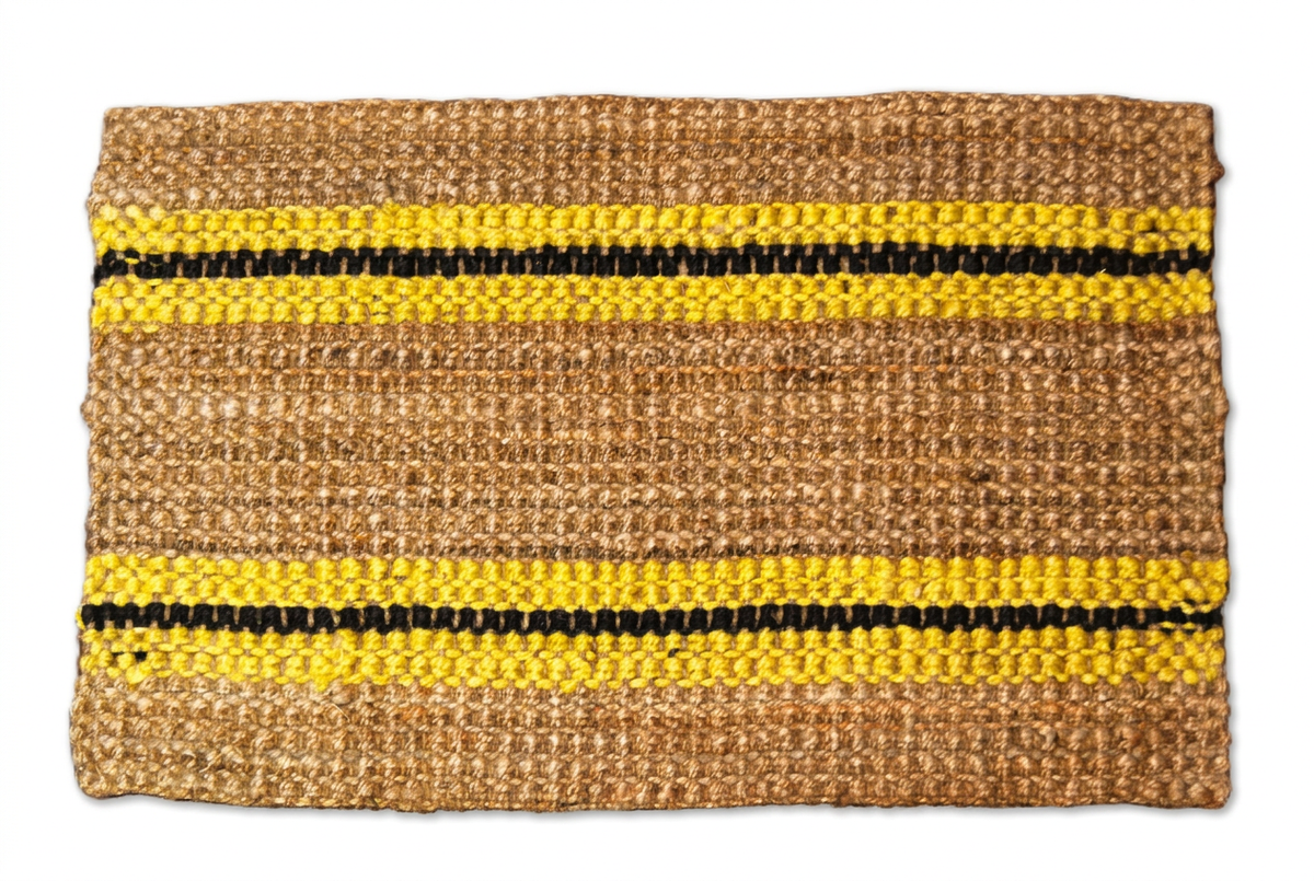 Natural jute ribbed rug with black and yellow stripes on white