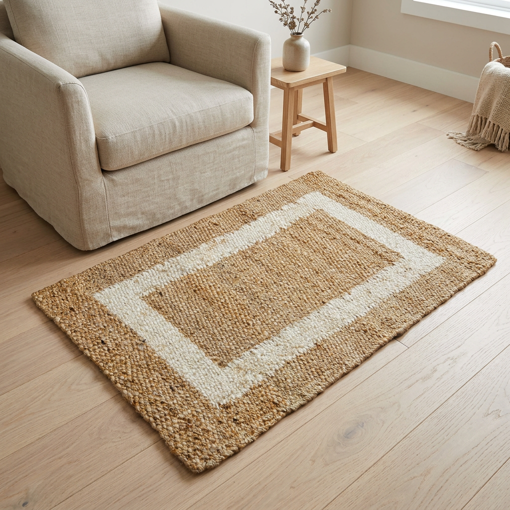 Handspun natural jute rug with white border styled beside a reading chair