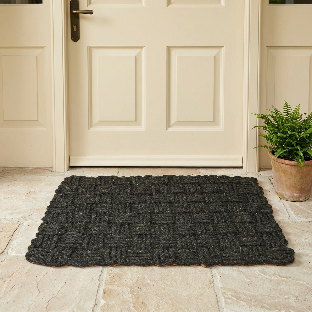 Black handwoven coir basket-weave doormat at a covered front doorway
