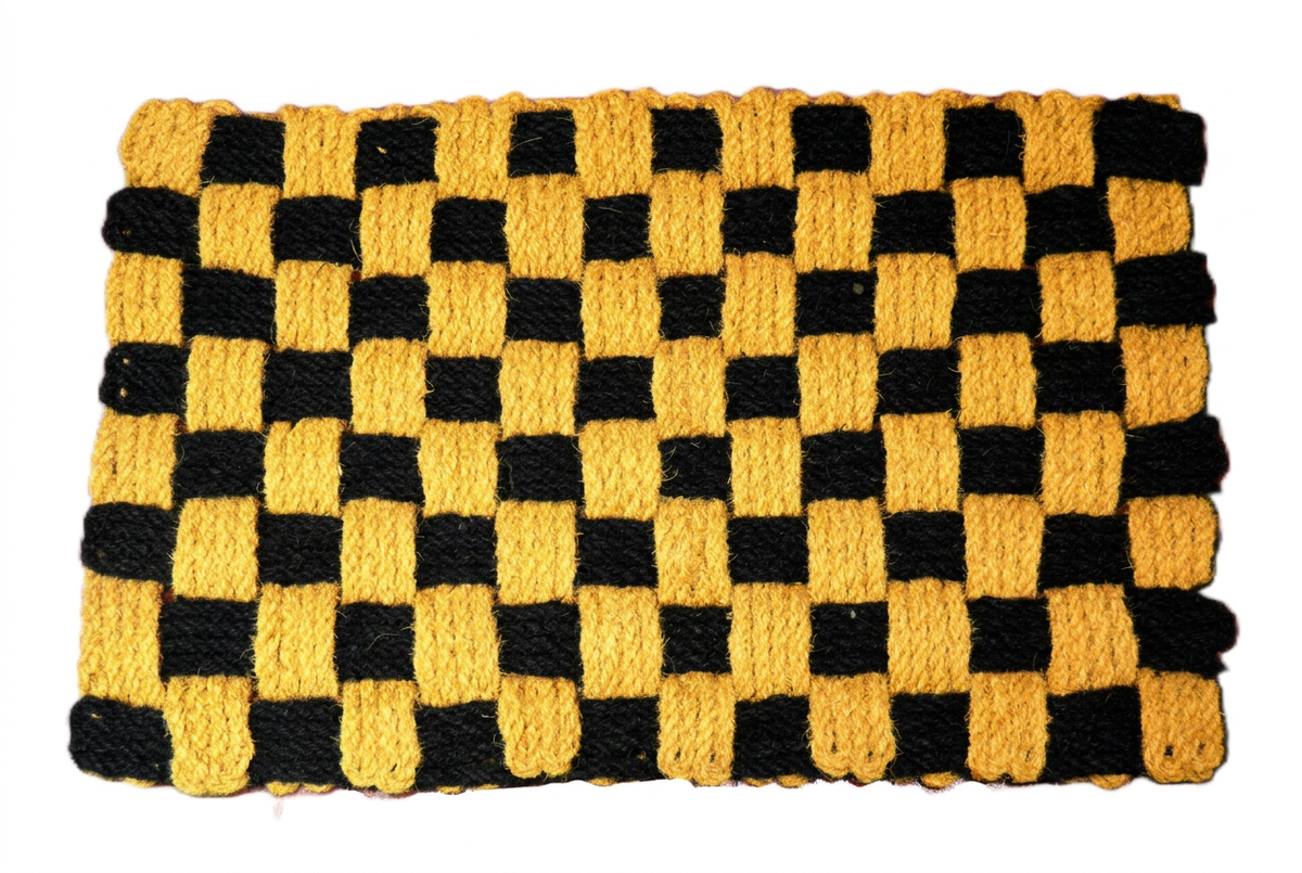 Natural and black handwoven coir basket-weave doormat on white