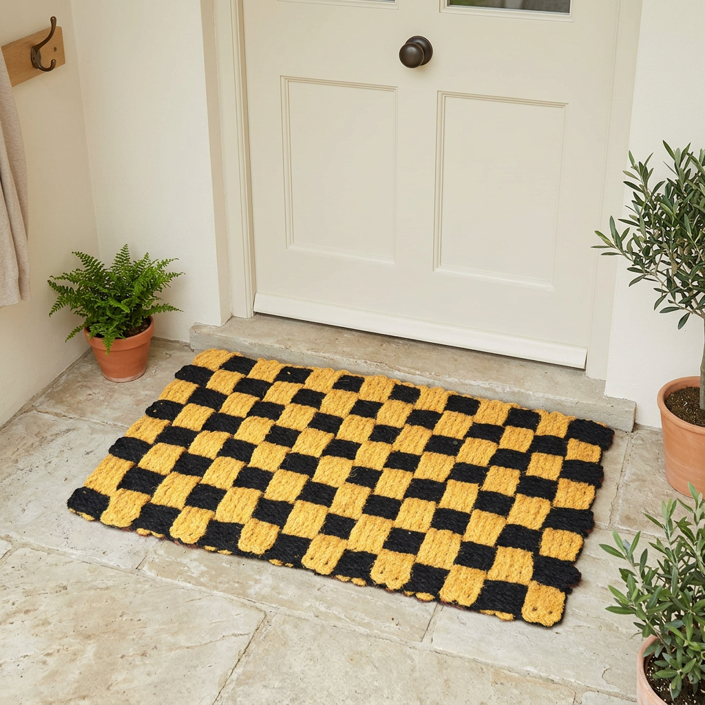 Natural and black handwoven coir basket-weave doormat at a covered doorway