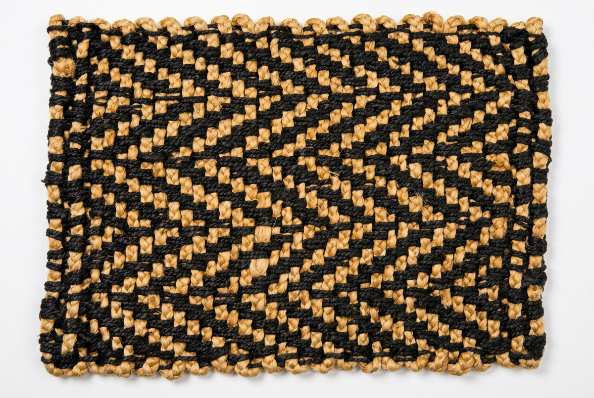 Handwoven black and natural jute herringbone rug on white