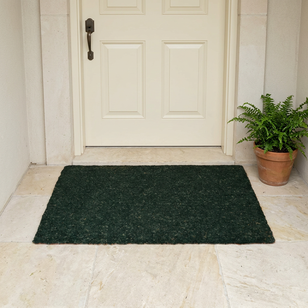 Holly Green coir doormat at a covered front doorway