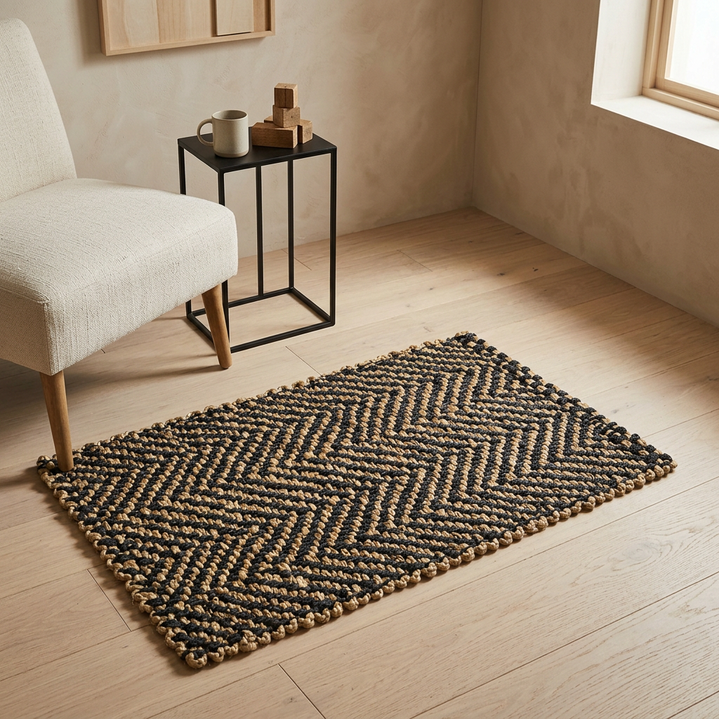 Black and natural jute herringbone rug styled beside a reading chair