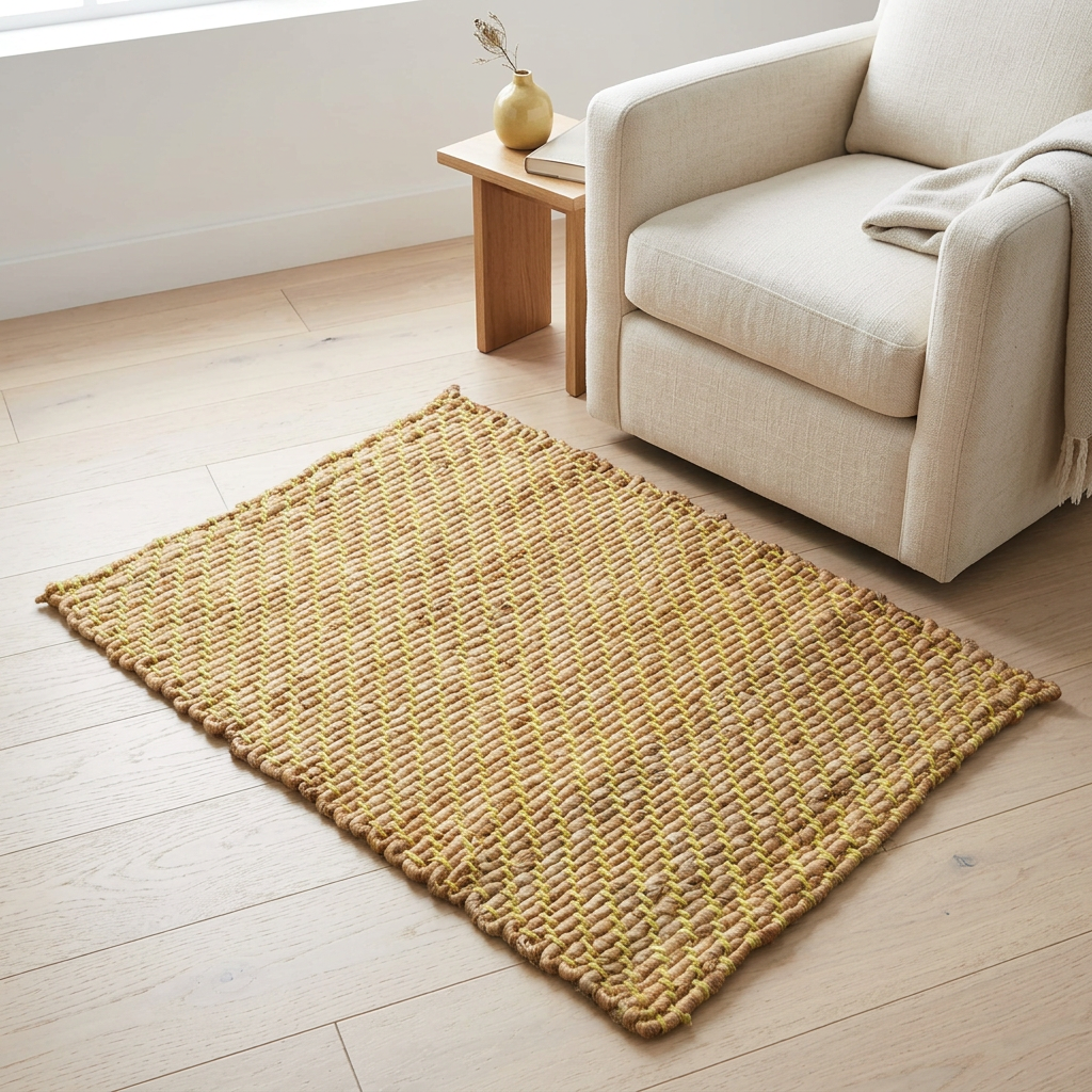 Yellow Stripe natural jute rug beside a reading chair