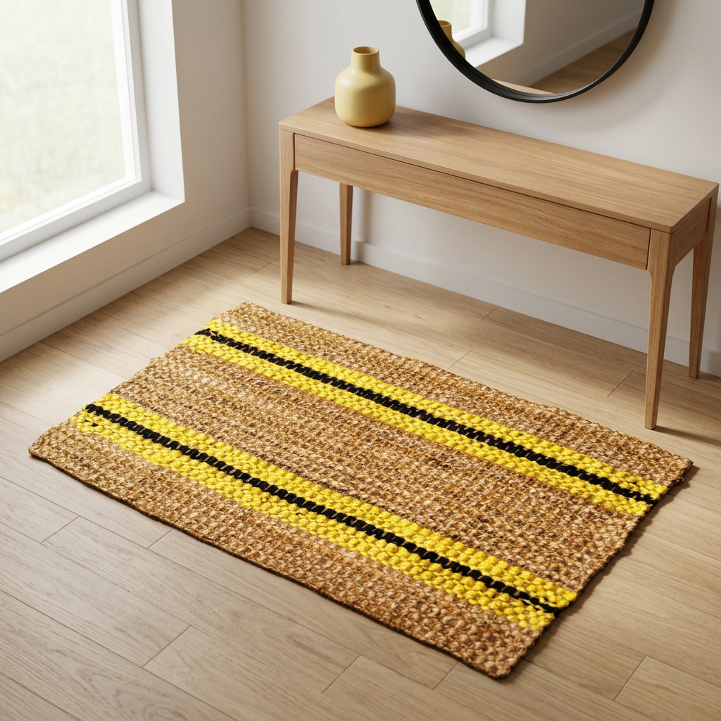 30 x 48 natural jute black and yellow stripe rug styled in an entryway