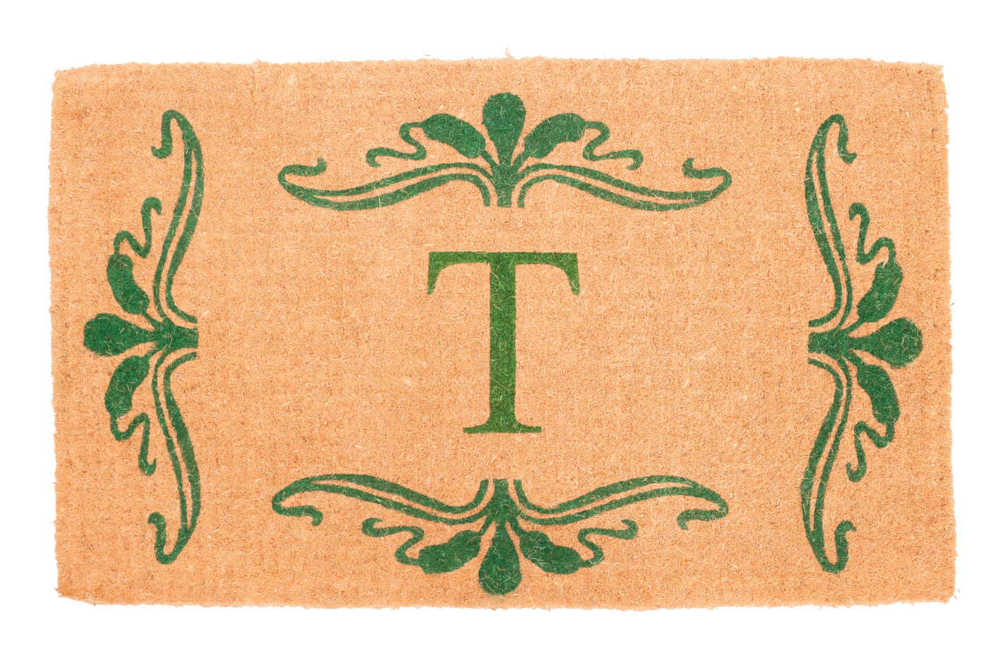 Doormat with green decorative border and letter 'T' in the center on a beige background