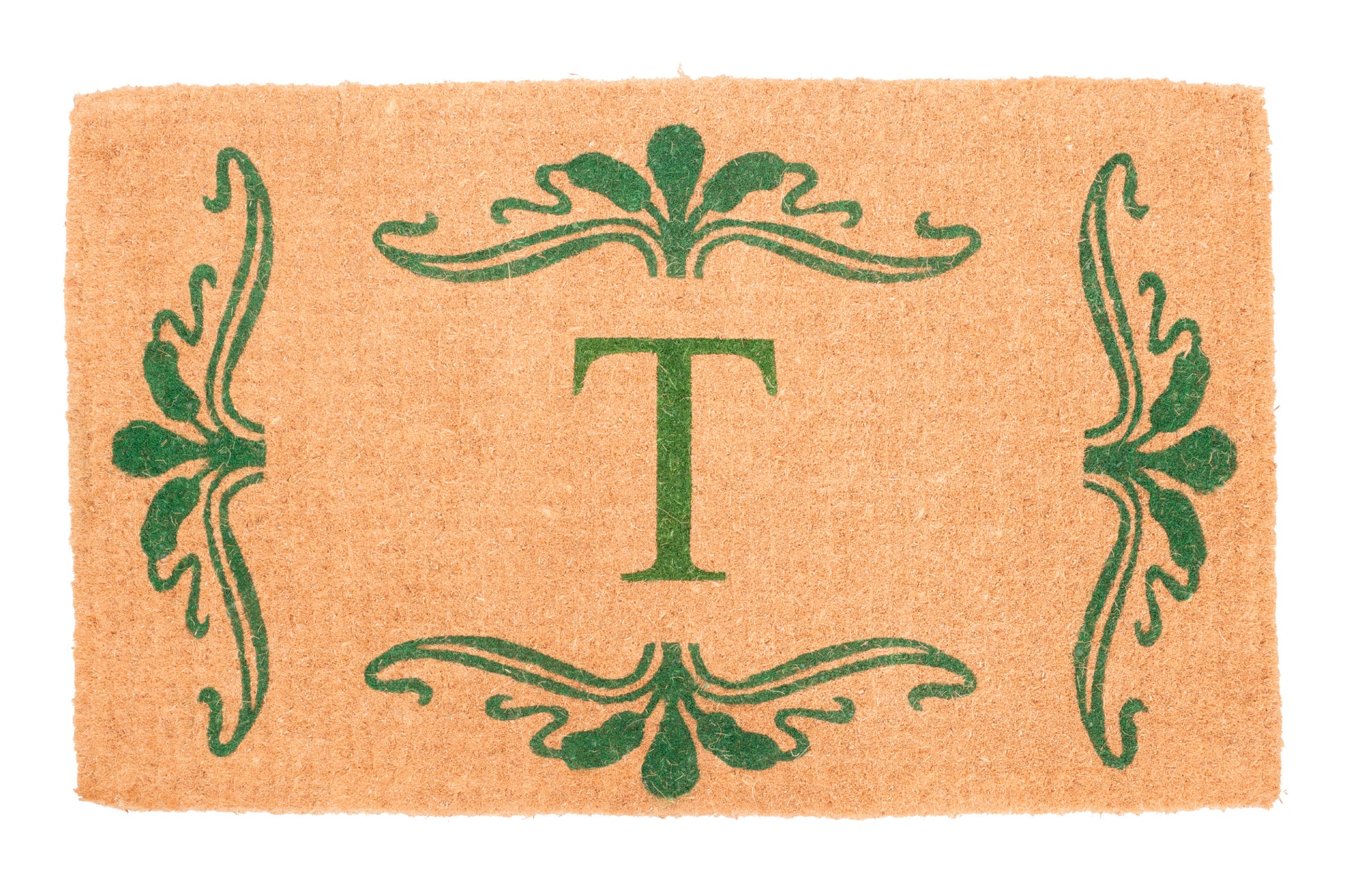 Doormat with green decorative border and letter 'T' in the center on a beige background