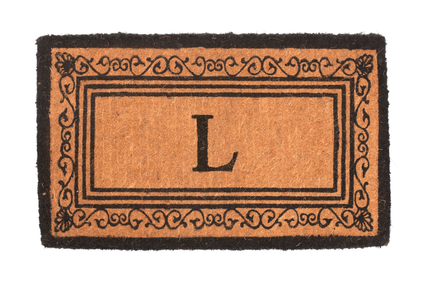 Doormat with a decorative border and letter 'L' in the center on a brown background