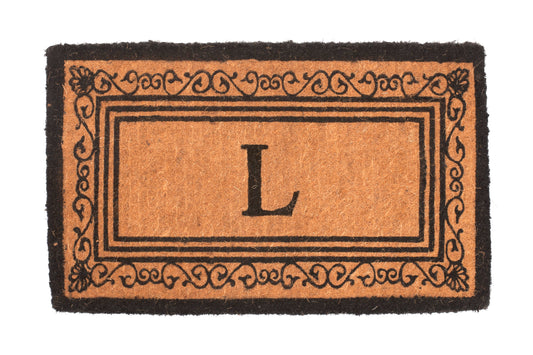 Doormat with a decorative border and letter 'L' in the center on a brown background
