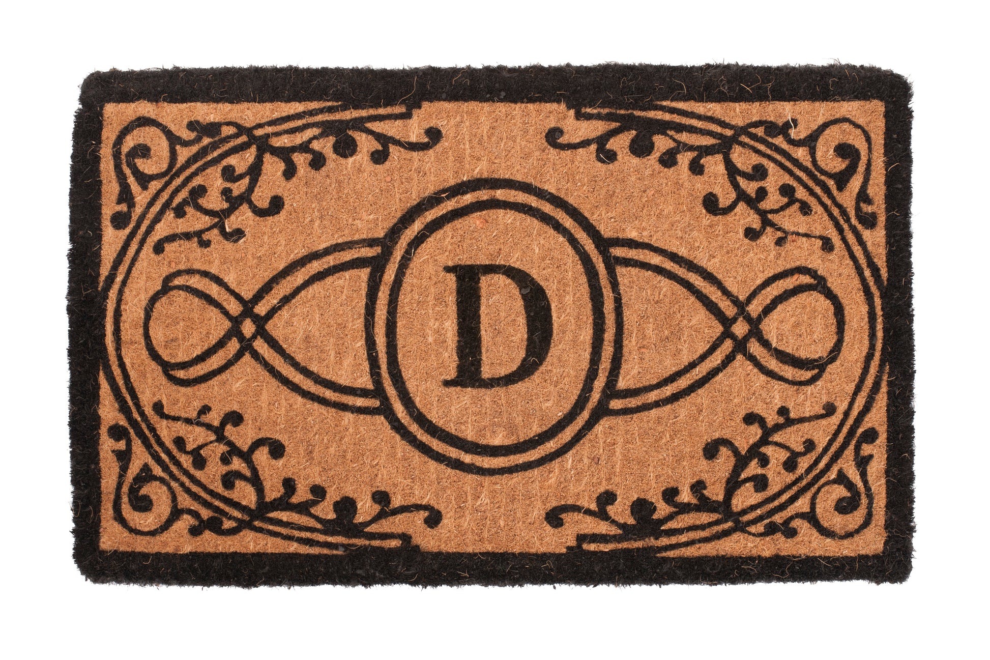 Doormat with decorative border and letter 'D' on a white background