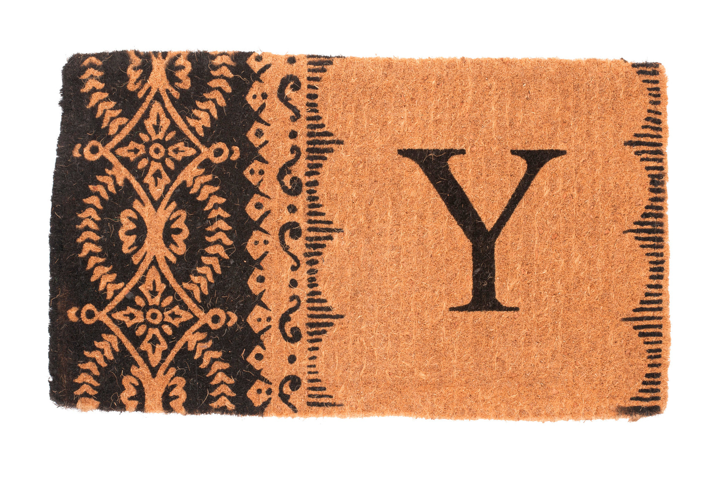 black and beige door mat with ornate scrollwork pattern and the letter "Y"