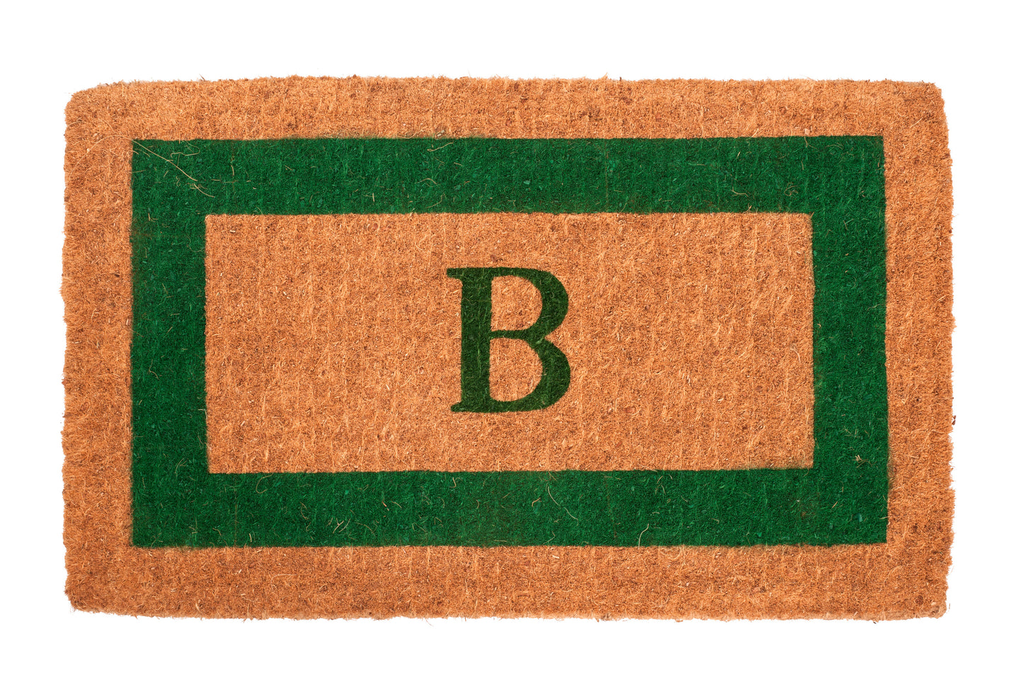 Doormat with a green border and letter 'B' in the center on a white background