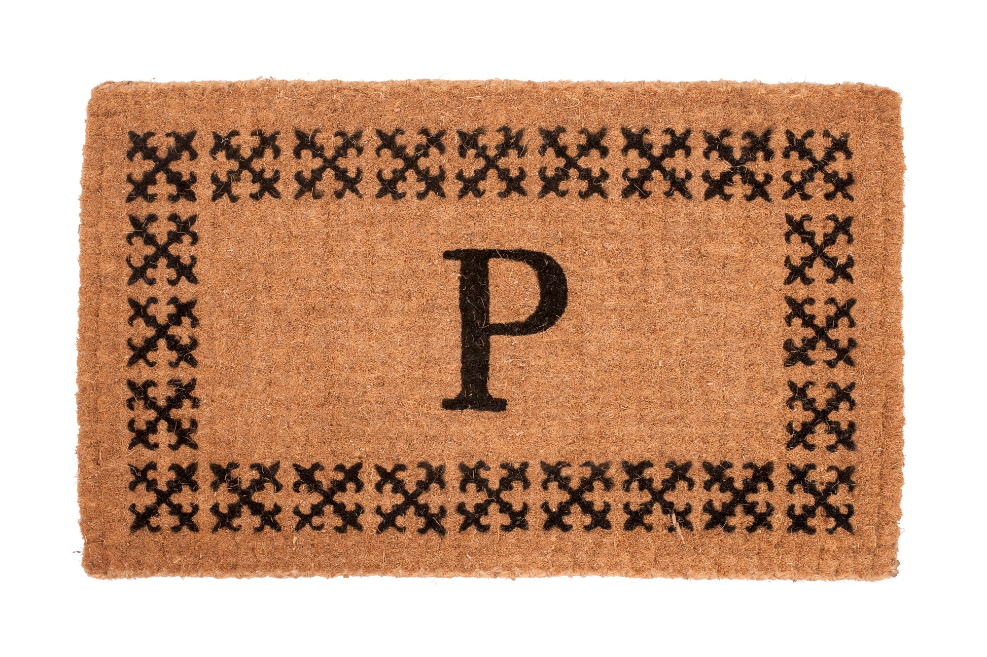brown personalized door mat with scroll border and monogram letter