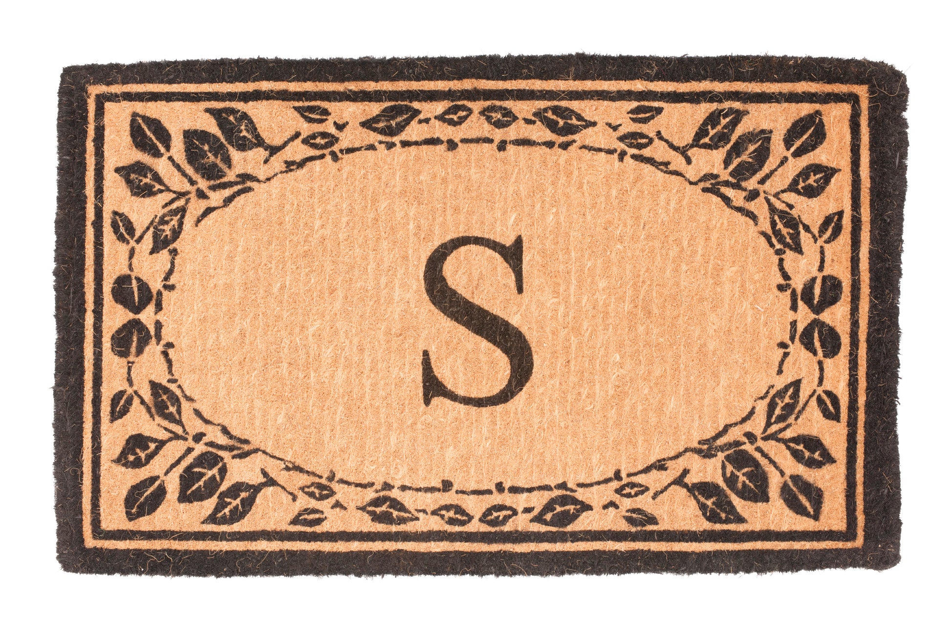 Doormat with a central letter 'S' and leaf border on a white background