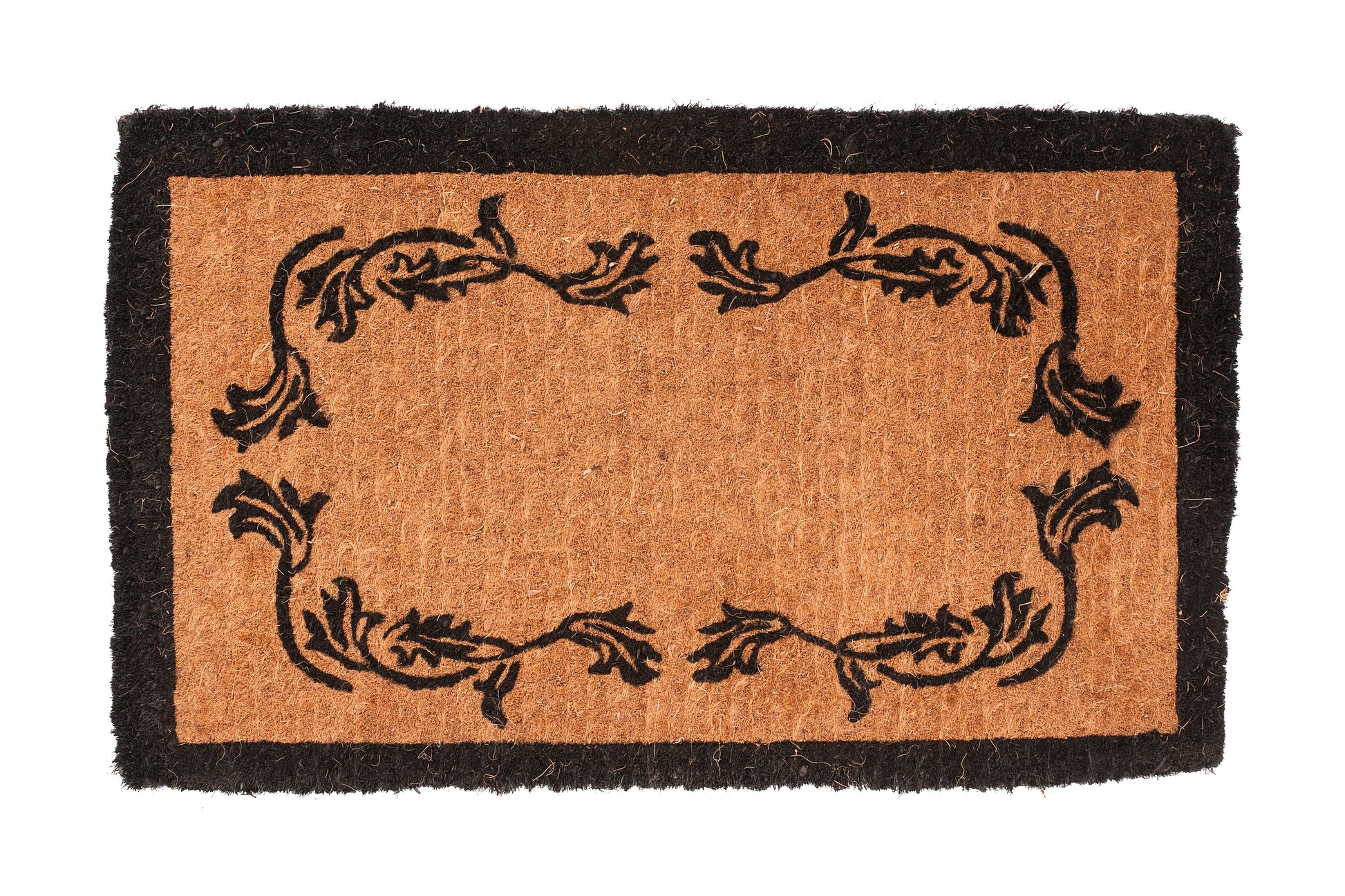 Decorative doormat with black vine floral patterns on a beige background