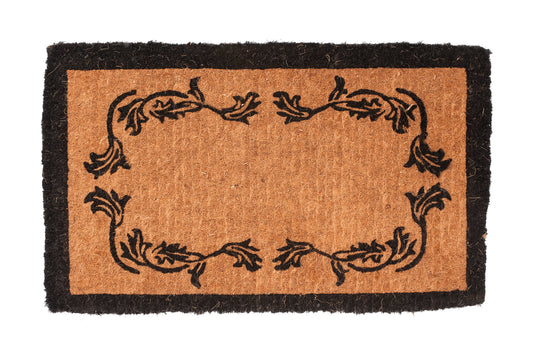 Decorative doormat with black floral patterns on a beige background