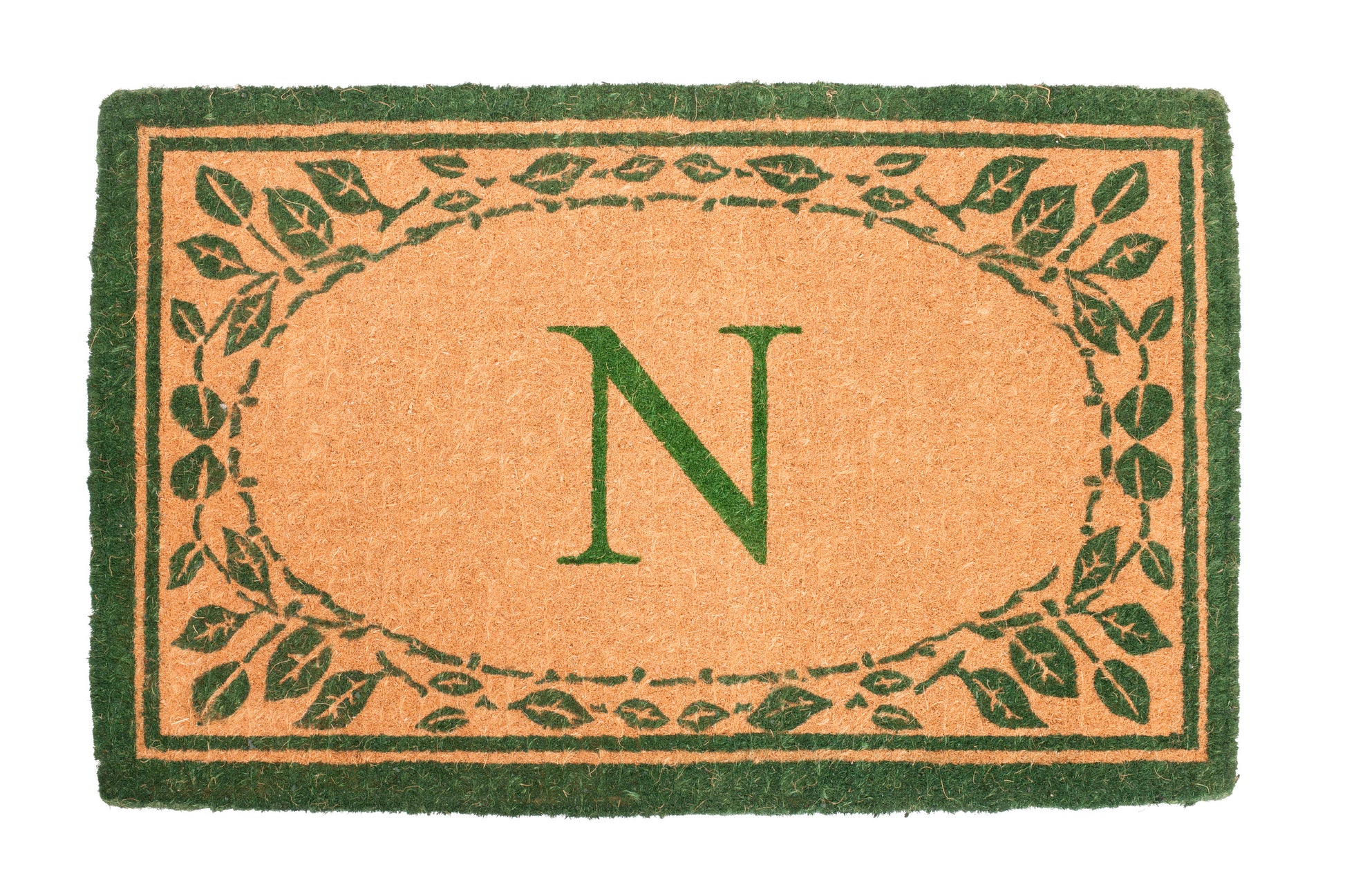 green door mat with decorative leaf pattern design