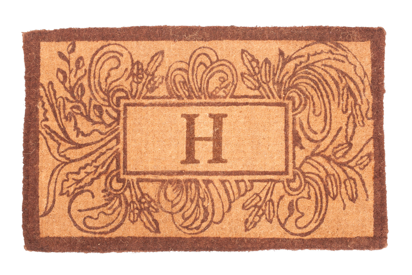 Doormat with decorative border and letter 'H' on a white background