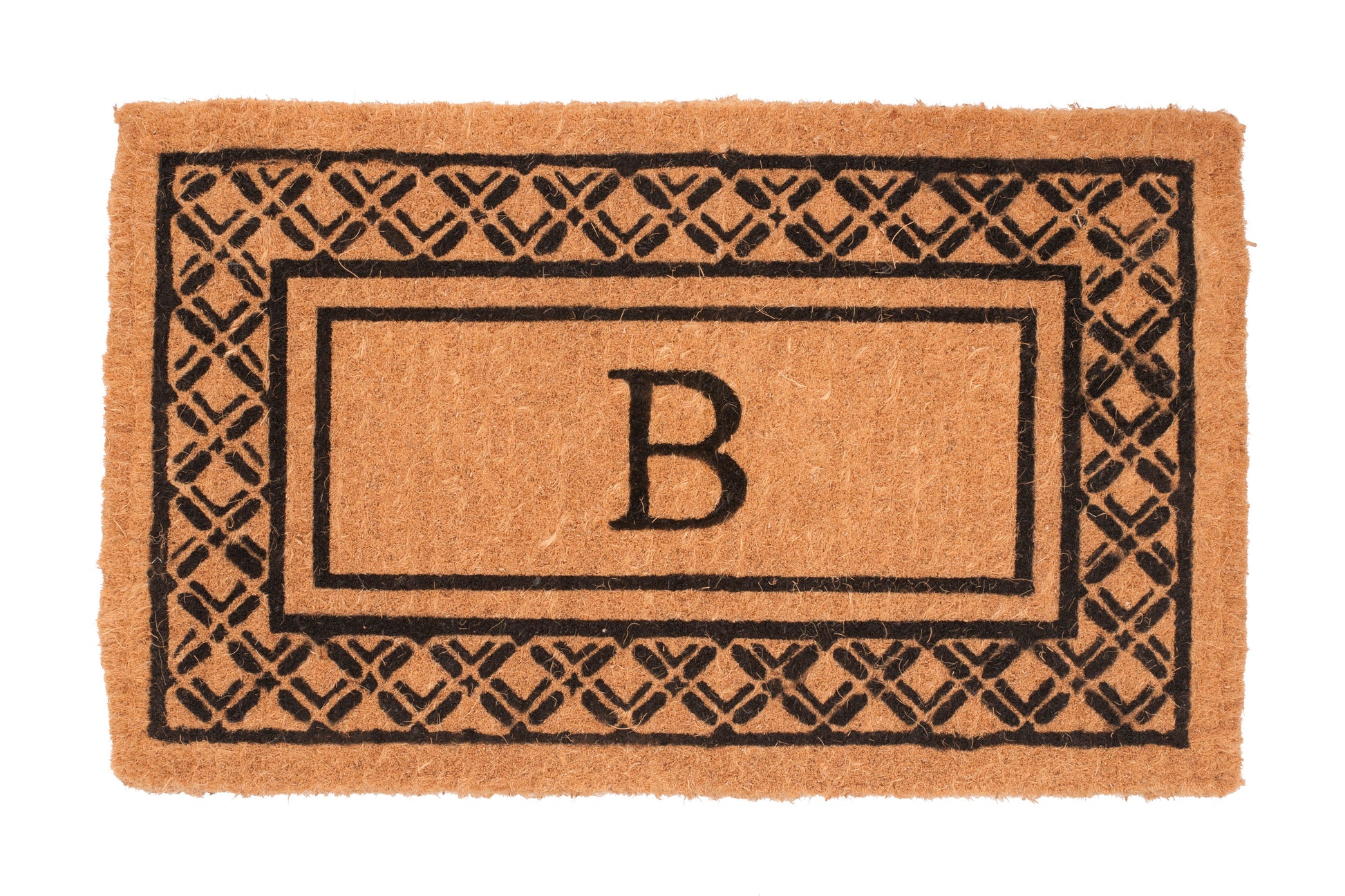 Doormat with a black geometric border and letter 'B' on a white background
