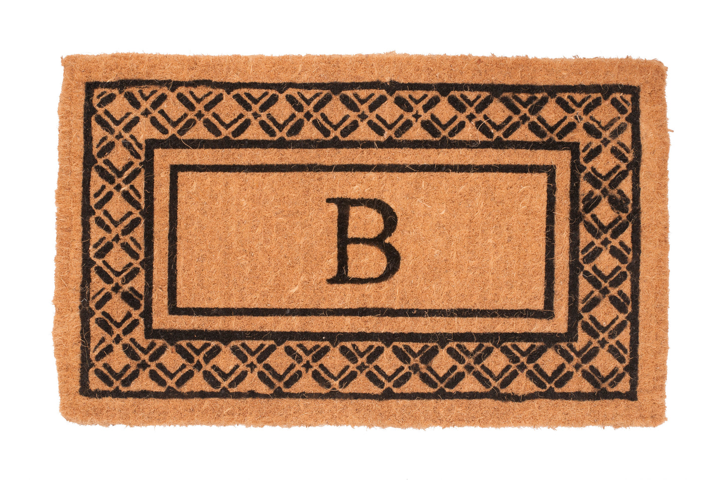 Doormat with a black geometric border and letter 'B' on a white background