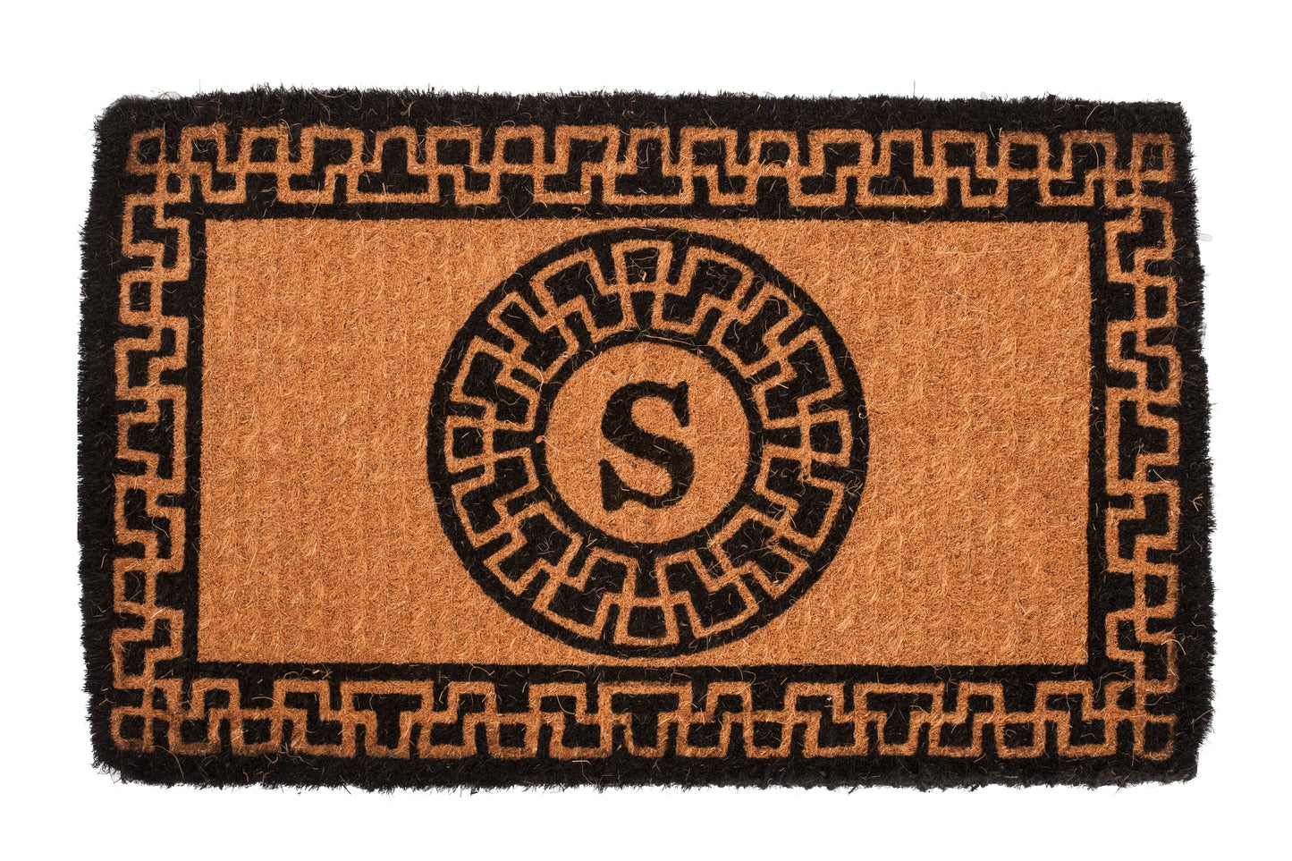 brown door mat with reverse greek key pattern