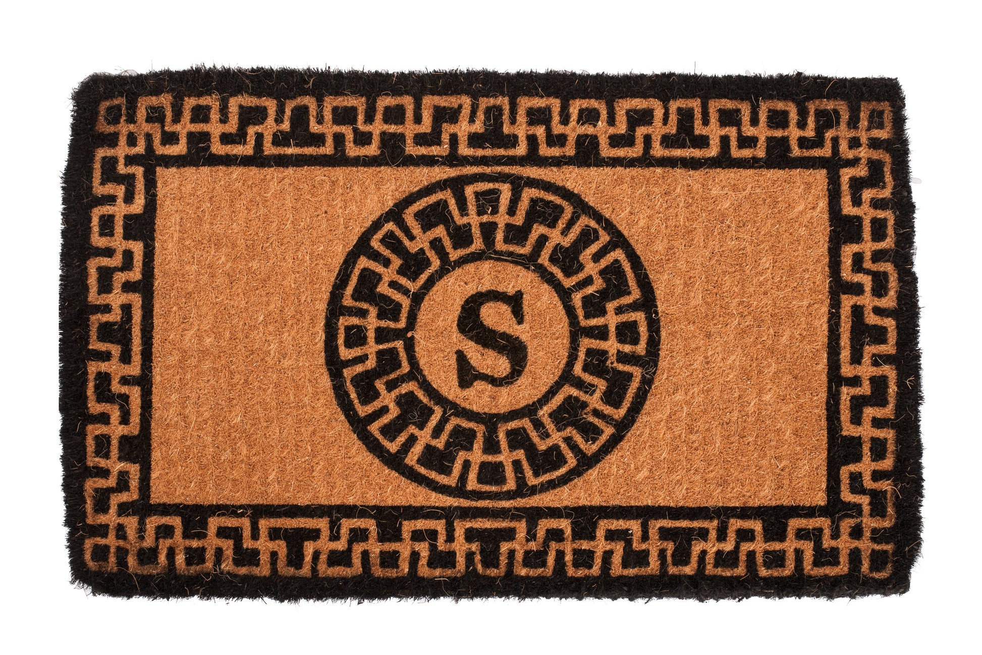 brown door mat with reverse greek key pattern