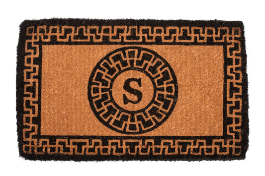 brown door mat with reverse greek key pattern