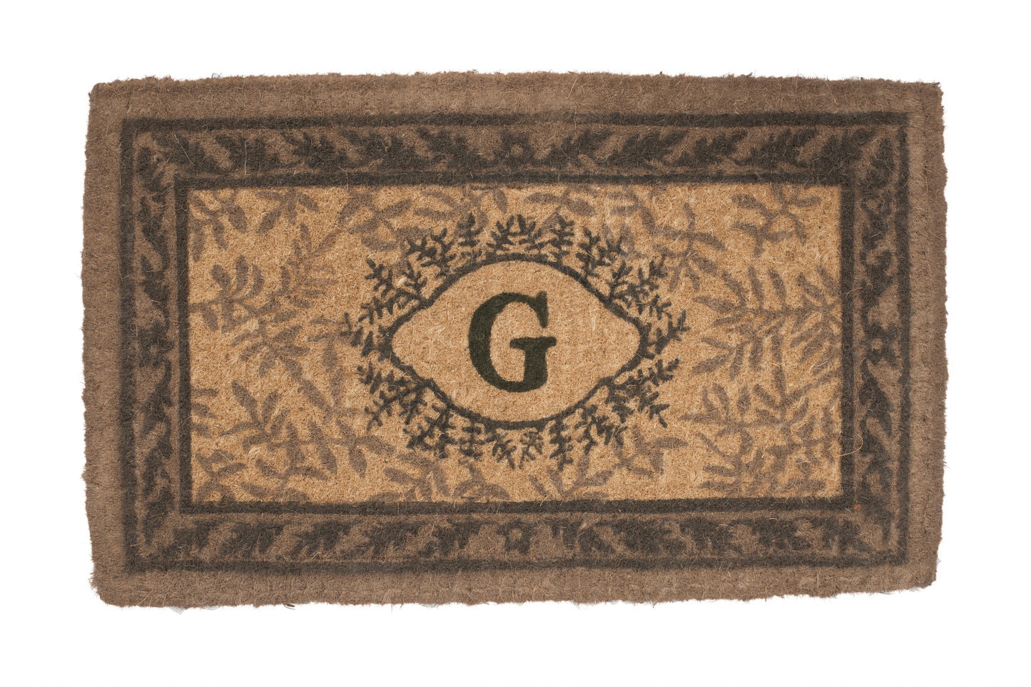 Doormat with a decorative border and letter 'G' in the center on a white background