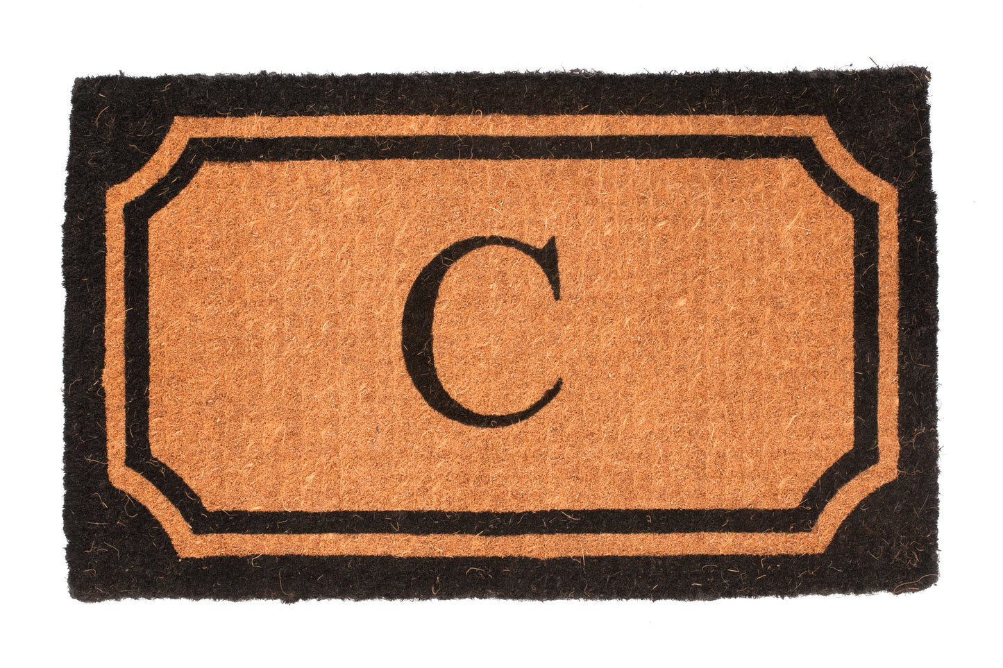 Doormat with a black border and letter 'C' in the center on a white background