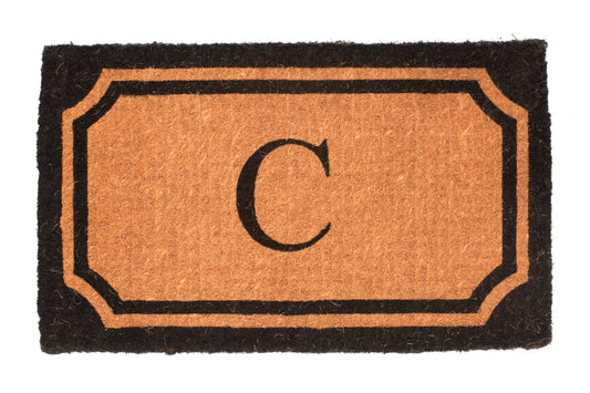 Doormat with a black border and letter 'C' in the center on a white background