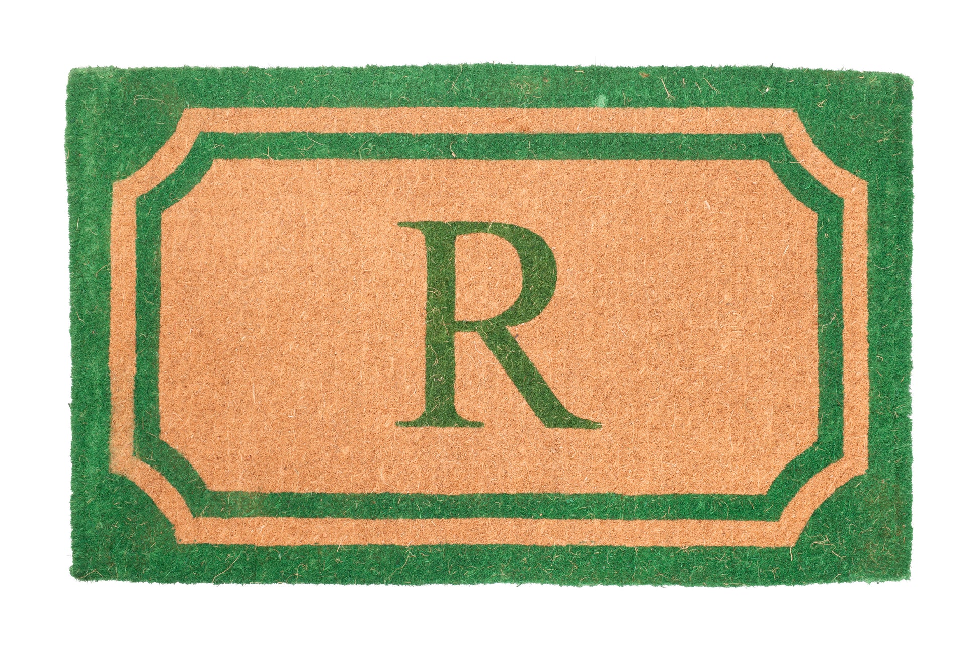 Doormat with a green border and letter 'R' on a beige background
