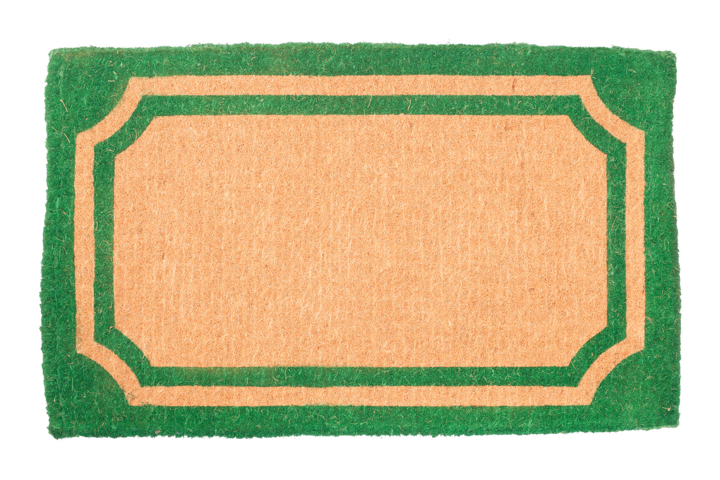 green coir door mat with monogram initial and ornamental border design