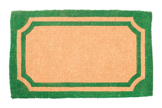 green coir door mat with monogram initial and ornamental border design