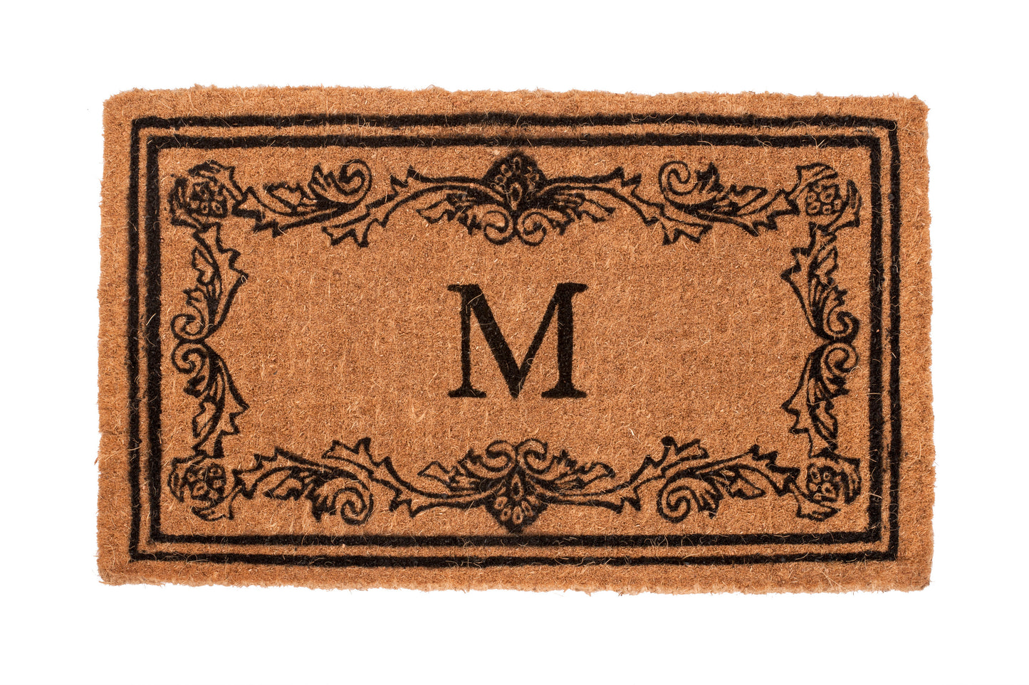 Light brown doormat with decorative border and letter 'M' on a white background