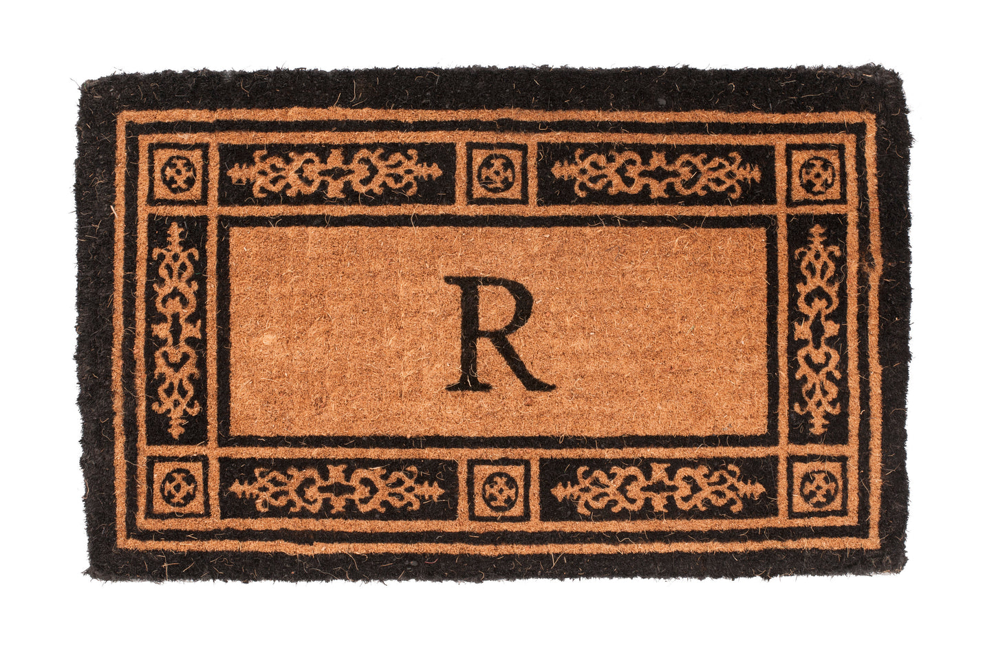 Doormat with decorative border and letter 'R' on a white background