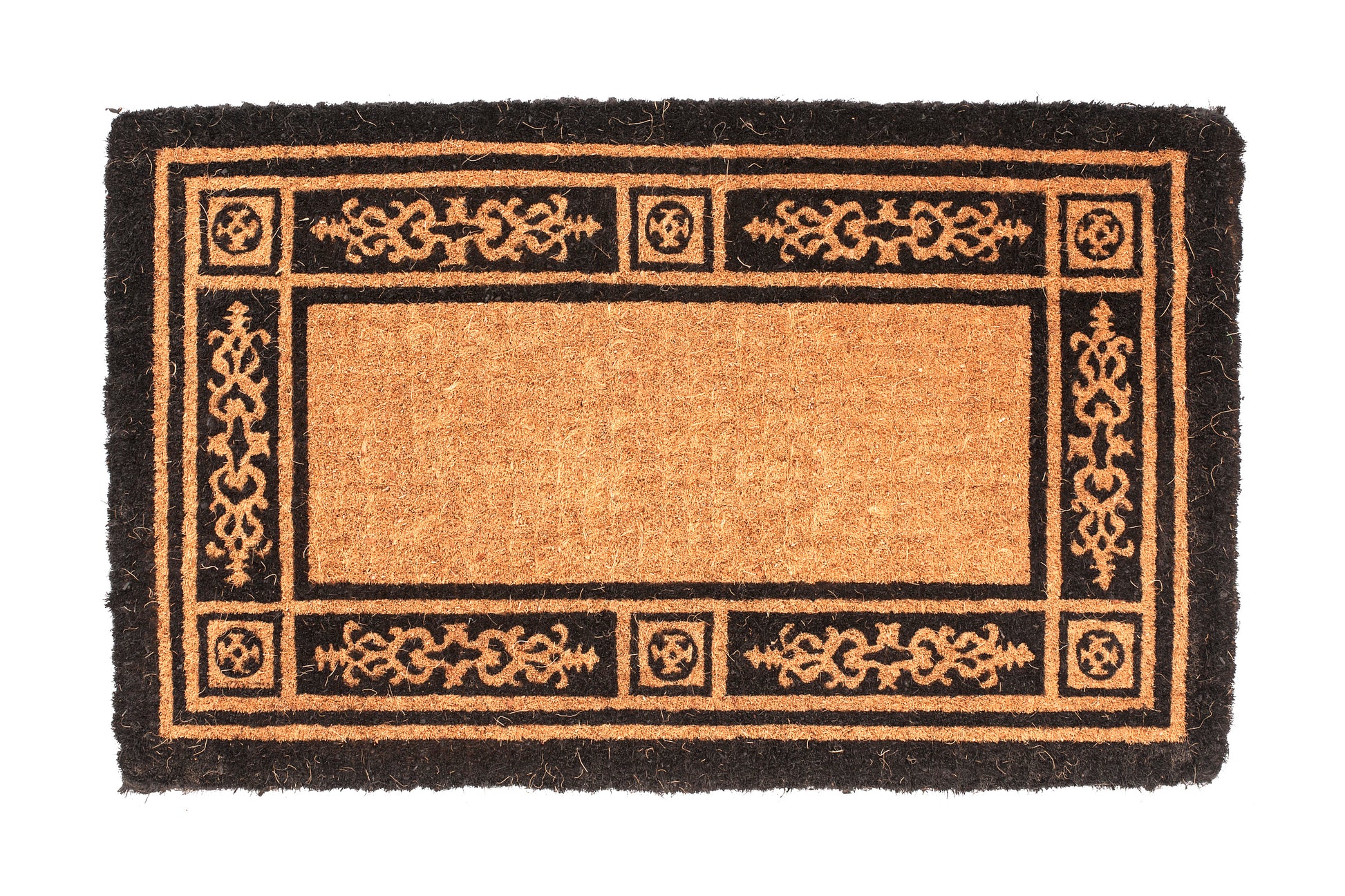 Decorative doormat with intricate border design on a white background