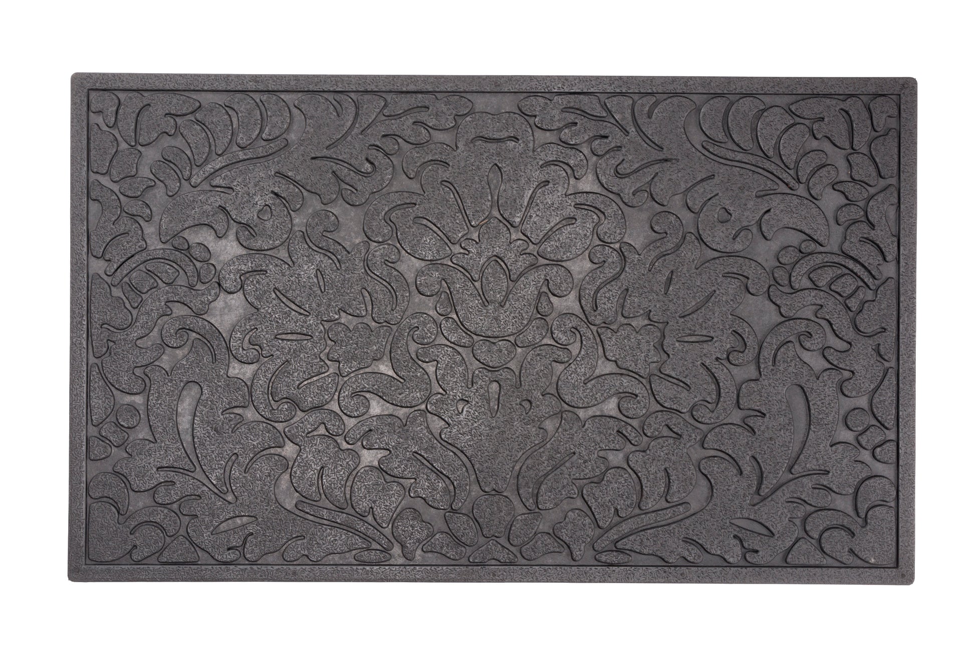 Gray doormat with a textured pattern on a white background